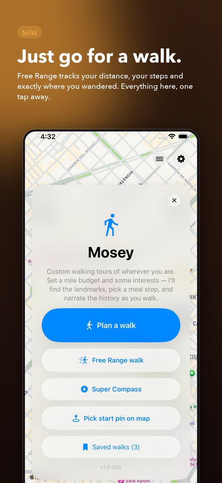 The Mosey main menu with Plan a walk, Free Range walk, Super Compass, Pick start pin on map and Saved walks