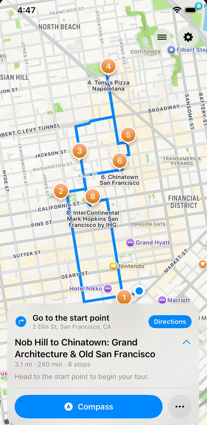 A Mosey walking tour through Nob Hill and Chinatown in San Francisco, with eight numbered stops on the map