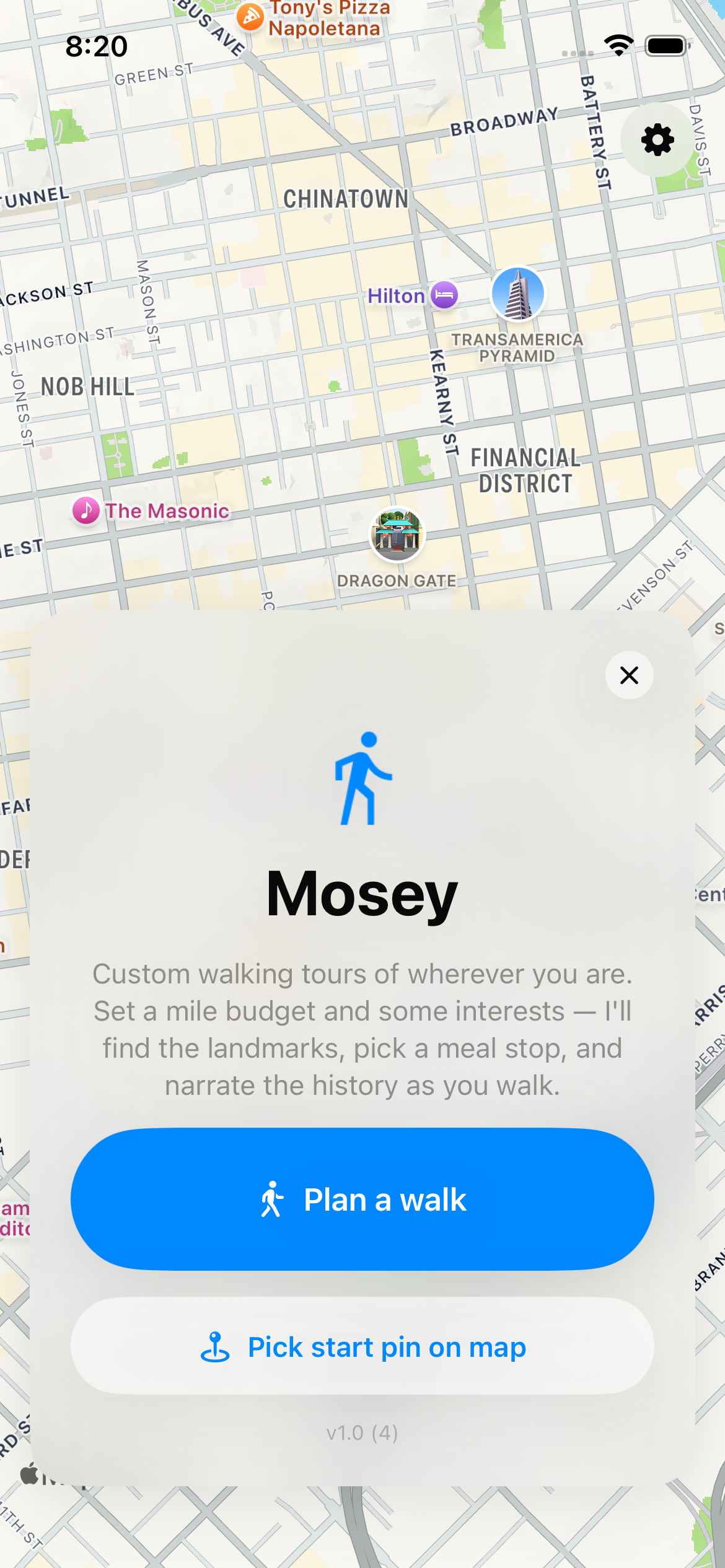 Mosey Tour Builder — tour setup screen