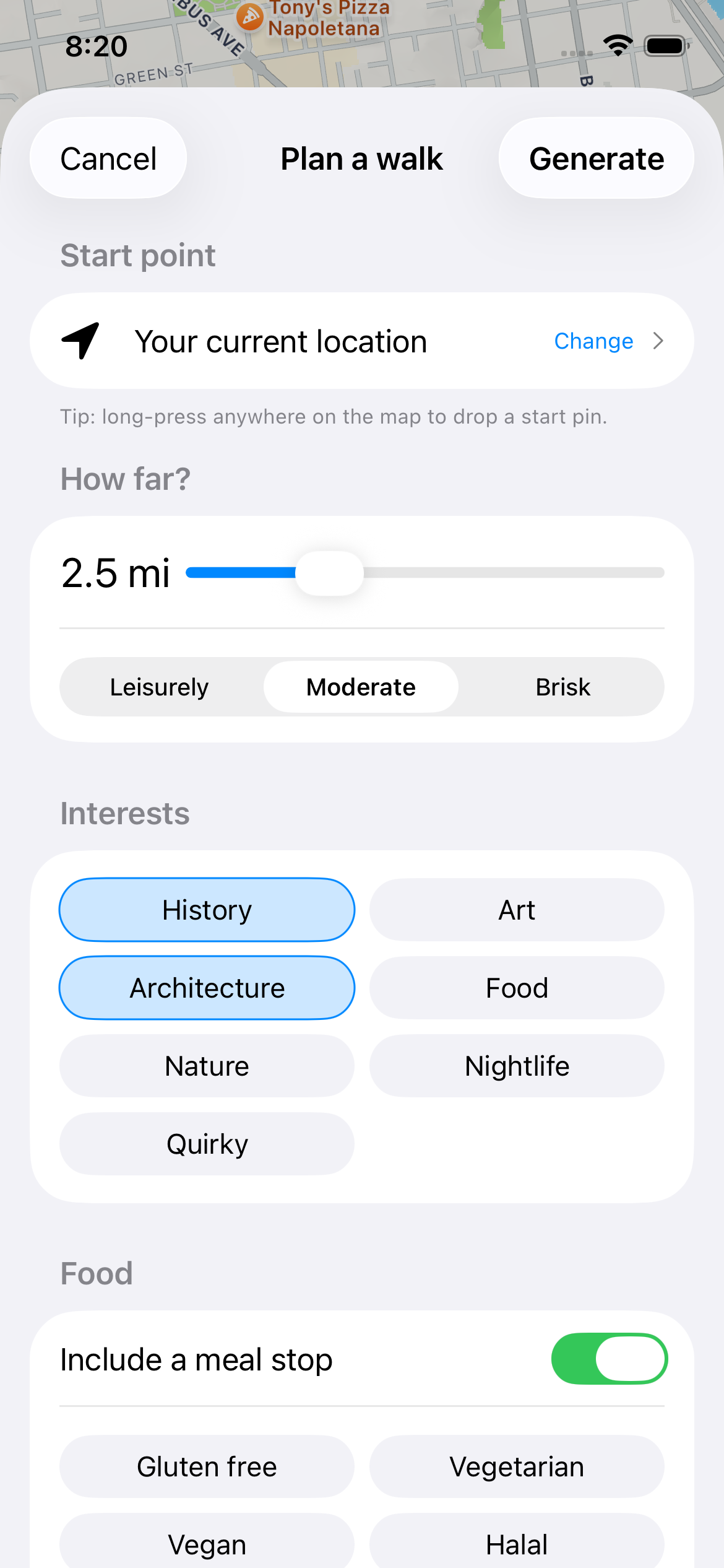 Mosey Tour Builder — map with route
