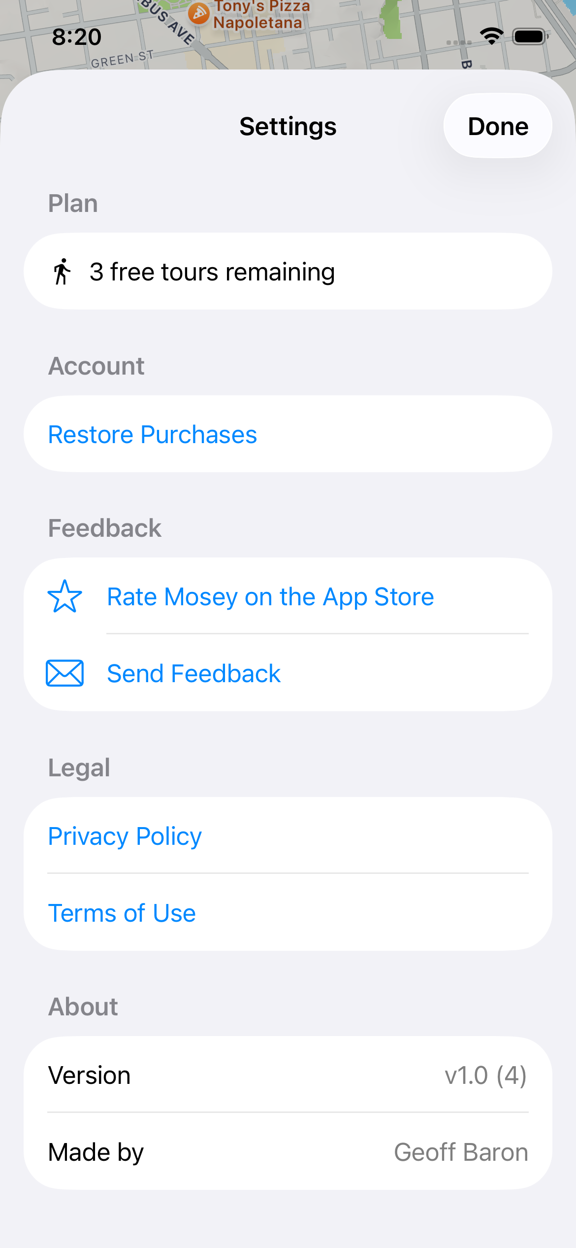 Mosey Tour Builder — stop detail with narration
